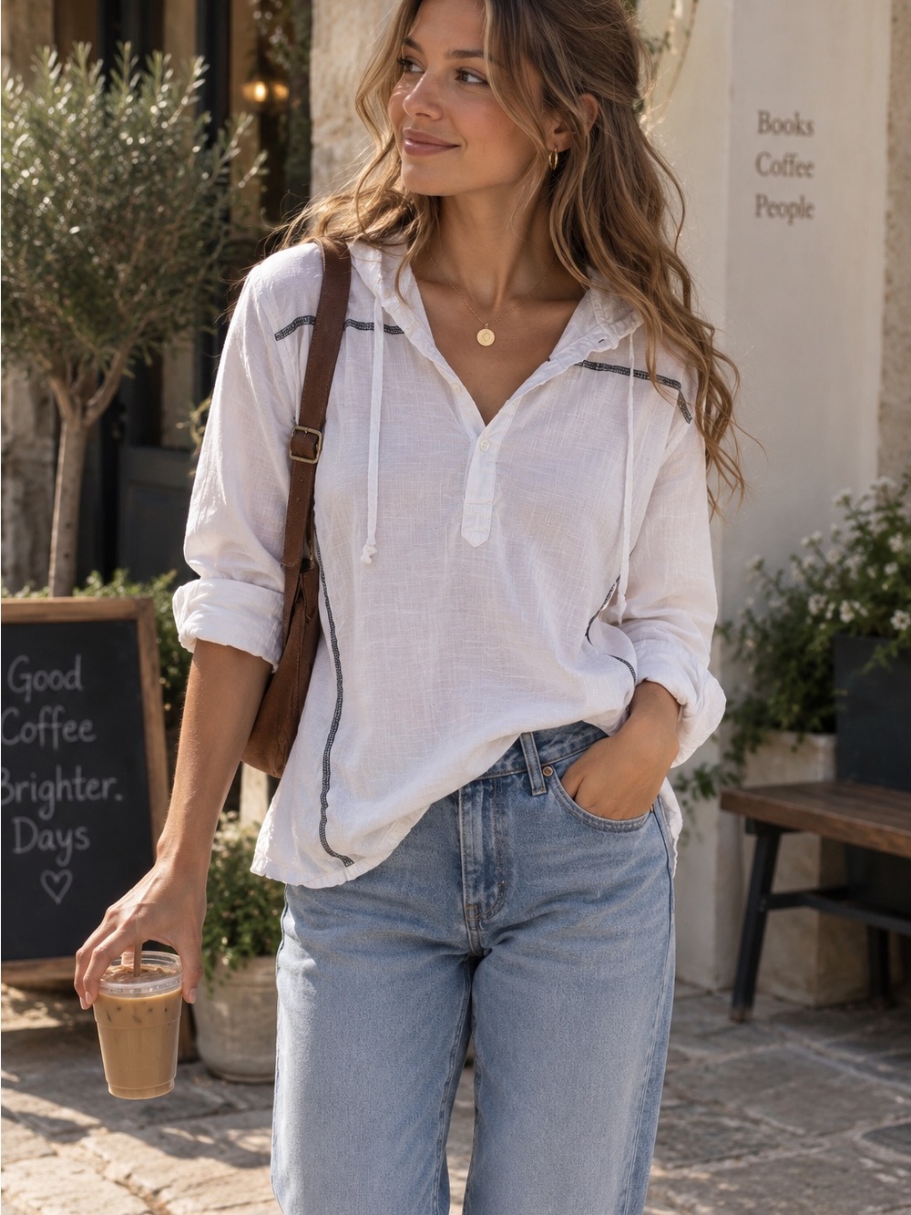 Bar III White Hooded Linen-Blend Popover Top with Contrast Stitching 100% cotton